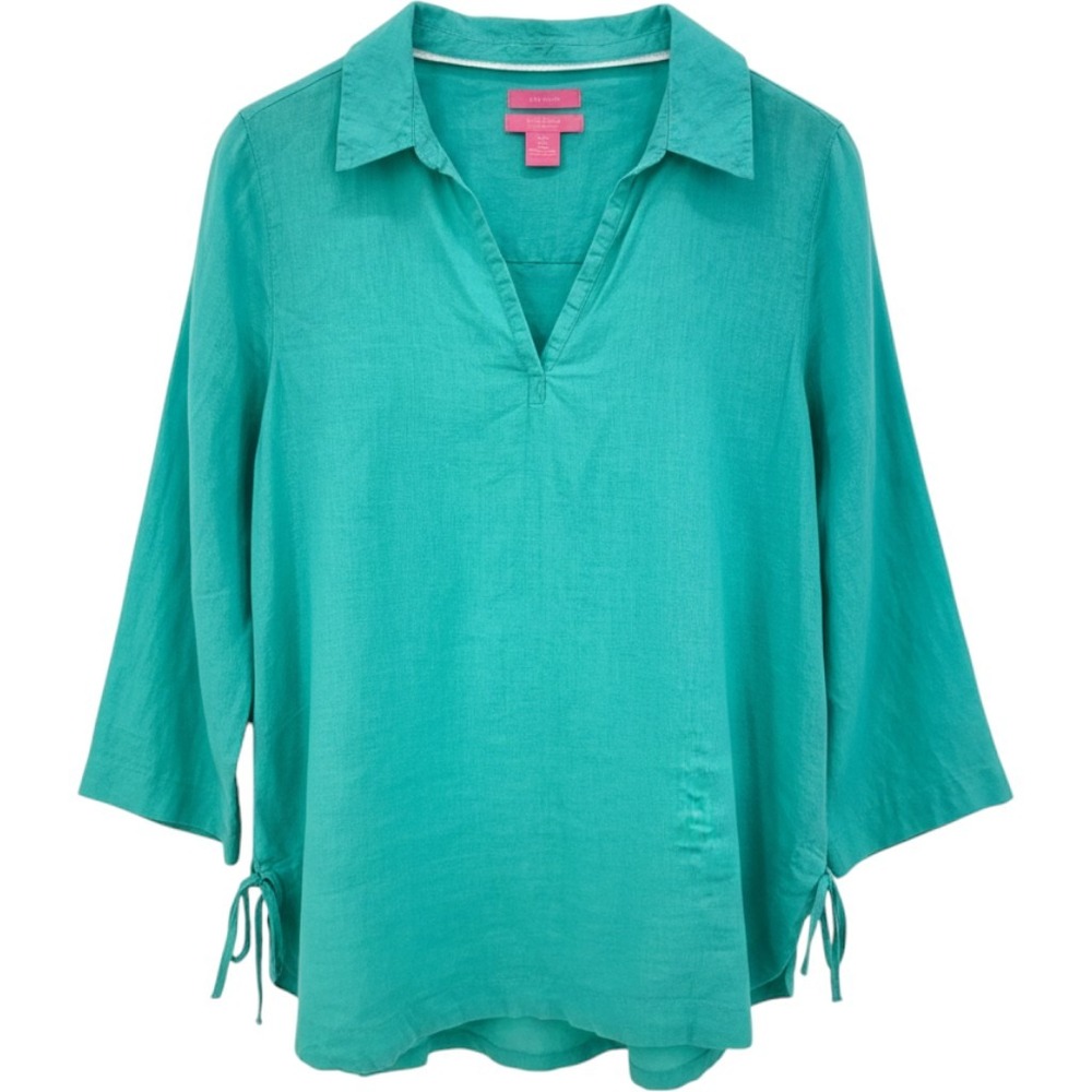Isaac Mizrahi Teal Green Linen Shirt Boho Coastal Grandmother Lagenlook Tunic L